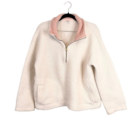 Old Navy Womens Cream Pink Collar Quarter Zip Sherpa Fleece Sweater Jacket Large - Picture 1 of 8